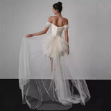 2025 Simple white dress skirt light wedding dress female bride travel photography go out yarn short  one-word shoulder light luxury niche