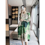 Miyake  spring and summer new ink painting printing elegant loose and thin pleated dress temperament medium and long dress