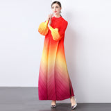 Miyake gradual change color pleated bud sleeves long dress women's pullover long sleeves pleated elegant temperament a word pleated dress