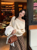 2025 Thirteen Lines popular Autumn and Winter New Temperament ins Rose Off-Shoulder Knitted Sweater Versatile Top Women 25179