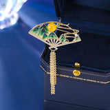 2025 New national style elegant thousands of miles Jiangshan sunrise fan fringed brooch creative elegant antique clothing pin accessories