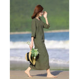 summer new fashion loose large size cotton and linen dress literary v-neck five-quarter sleeve thin solid color dress