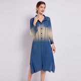 Miyake retro imitation denim print pleated dress new long sleeve popular spring and summer new fashion casual dress