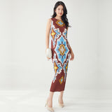 2025 Retro printed dress sleeveless summer slim fit sleeveless high elastic hip skirt temperament versatile  straight skirt