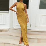 HULIANFU 2025 ins women's sleeveless temperament split-ended dress summer knitted hollow suspender sexy backless shoulder dress