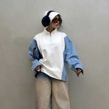 2025 sweet and spicy style denim splicing contrasting color hooded sweater autumn and winter loose retro semi-zipper long-sleeved pullover sweater