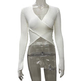 HULIANFU New 2025 Spring New Design Sense Cross-Neck Slim-fit Knitted Sweater Sexy Long Sleeve Exposed Navel Bottom Top Women