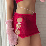 HULIANFU New 2025  summer new sexy pearl decorative chest wrap strap hollow hip wrap skirt knitted suit women