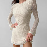 2025 Apricot sexy slim-fitting crew neck lace-up jacquard dress   spring fashion new wholesale short skirt women