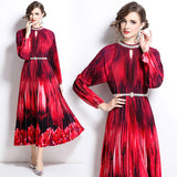 style high-end hollow bead round neck lantern sleeve strap waist temperament long printed pleated dress