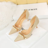 2025 8829-A1 Korean version high heel shallow mouth pointed side hollow cloth plaid pearl metal chain thousand bird grid single shoes