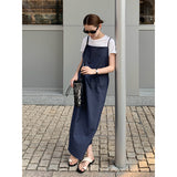 2025 THE MIND linen cotton white short-sleeved T-shirt + denim suspender skirt 2025 summer new casual suit T5011X