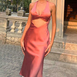 2025 Street photography fashion temperament Spice girl sexy hollow design dress  summer new solid color backless suspender dress