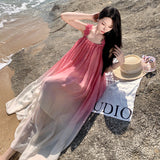 2025 Holiday photo beach skirt seaside pink gradual change suspender seaside atmosphere long skirt three-dimensional embroidery super fairy date