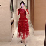 Heavy industry sequined bubble sleeve dress women's  summer new high-end waist hollow mesh cake dress