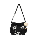 HULIANFU 2025 Women's bag new large-capacity canvas casual messenger five-pointed star contrasting color drawstring Korean version shoulder bag student satchel
