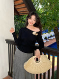 2025 spring new ins temperament off-the-shoulder wool bottoming shirt long-sleeved knitted sweater women's top 25149