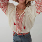 2025 early spring new bohemian embroidered lace-up cotton long-sleeved shirt
