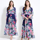 2025 niche vacation style deep V-neck lace splicing dress women's high waist and thin ruffle edge printed long dress