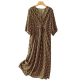 summer new seven-quarter-sleeved literary and retro printing  medium-sleeved temperament cross-neck coffee break dress