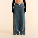 2025 Hot Trade Spice Girls High Street Rhinestones Meteor Design Low Waist Jeans Rough Edge High Sense Autumn and Winter Straight Wide Legs
