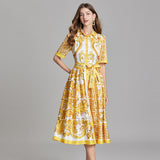 Real shot, summer new product positioning printed lapel strap waist shirt dress, big pendulum A-shaped skirt