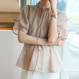 2025 Breathing Fabric~ Tencel Shirt Women's Clothing  Summer New Waist Lace-Up Bubble Sleeve Short Sleeve Top