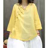 Spring and summer  literary printing diagonal placket button-up national style shirt commuting thin versatile seven-quarter sleeve pullover