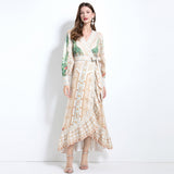 women's clothing spring and summer  court style cross-neck positioning printed lace-up waist ruffle edge dress