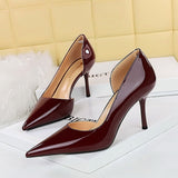 2025 8236  style fashion simple high heels women's shoes thin heels high heels shallow mouth pointed side hollow patent leather single shoes women