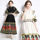 Popularan large-size women's clothing high-end printing heavy industry beaded pleated long dress pleated skirt temperament dress women