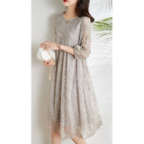 2025 new mulberry silk embroidery dress women's spring and summer Korean version high-end gray loose heavy silk dress