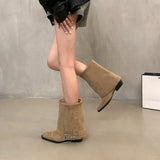 2025  Vintage thick heel Martin boots women's shoes popular new black Spice Girl belt buckle slim trousers mid tube western boots