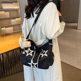 HULIANFU 2025 Women's bag new large-capacity canvas casual messenger five-pointed star contrasting color drawstring Korean version shoulder bag student satchel