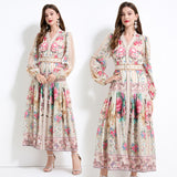 Positioning printed dress women's 2025 spring vacation style waist and thin temperament single-breasted big pendulum 2025 long dress