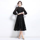 Court style dress women's clothing  new  heavy industry lace splicing stand-up collar single-breasted waist dress skirt
