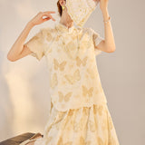 summer new national style new Chinese suit temperament butterfly embroidery stand-up collar short-sleeved top skirt N4033