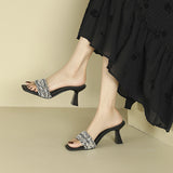 2025 333-7  stunning square head thin heel high heel slippers female summer wear fairy wind word rhinestone leather slippers
