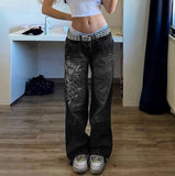 2025 2025 street style women's clothing irregular printing loose trousers low waist folds washed into old multi-colored jeans