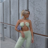 HULIANFU Summer 2025  bm sexy women's clothing hanging neck wear knitted chest wrap hollow inside with solid color sling vest