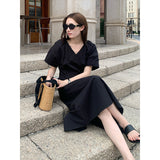 2025 THE MIND pleated V-neck dress 2025 thirteen lines summer new Korean simple long skirt 003AX