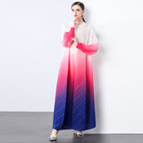 Miyake gradual change color pleated bud sleeves long dress women's pullover long sleeves pleated elegant temperament a word pleated dress