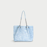 HULIANFU 2025 Female college students take advanced ink and wash blue shoulder bag denim pattern chain large-capacity large bag tote bag women