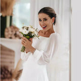 2025 Hot trade new wedding dress simple white elegant A-shaped skirt square neck long sleeve falling to the ground beach bridal dress  spring