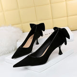 2025 17175-2 Korean version of sexy and thin high heels women's shoes thin heels high heels suede light mouth pointed bow single shoes