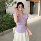 2025 summer new versatile round neck bottoming knitted sweater three-dimensional flower short-sleeved T-shirt women's top 25E05