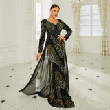 2025 high-end long-sleeved temperament V-neck sexy long sequined banquet evening dress bridesmaid dress women