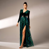 2025 new high-end long-sleeved V-neck banquet sequined split d big pendulum evening dress bridesmaid dress women