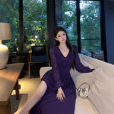 2025 sexy premium purple V-neck ruffle edge waist long-sleeved dress women's vacation atmosphere dress long dress