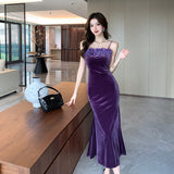 2025 High Sense Celebrity Annual Meeting Small Dress Women's Design Sense Niche Flower  Purple Velvet Suspender Dress Autumn